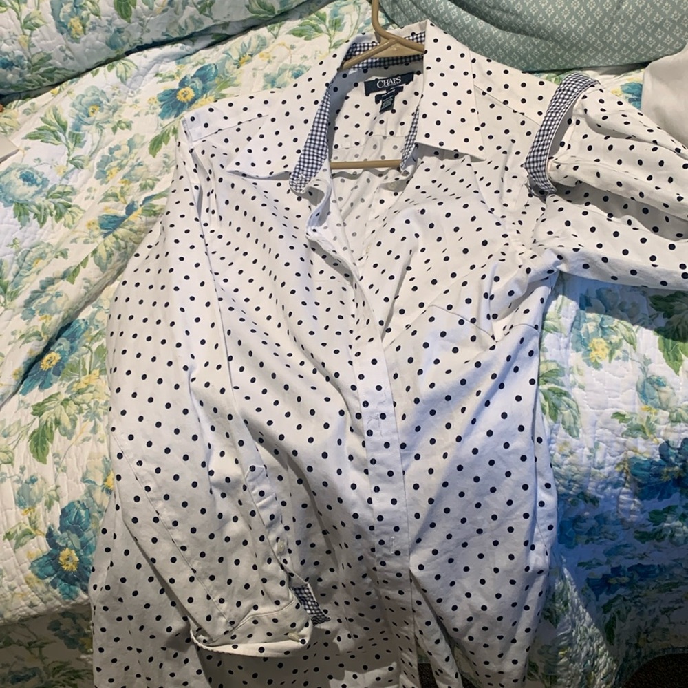 Chaps, No-iron, long-sleeved blouse, Size 1X, navy/white